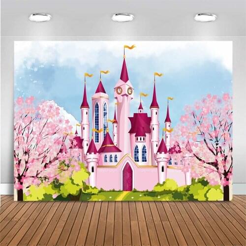 MOCSICKA Pink Castle Backdrop Photography Baby Kids Portrait Birthday Photo Background Cake Smash Backdrops Decor Spring Banner