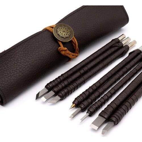 8pcs Tungsten Steel Carving Knife Set Seal Stone Graver Lettering Engraving Tool with Leather Handle+ Leather Bag