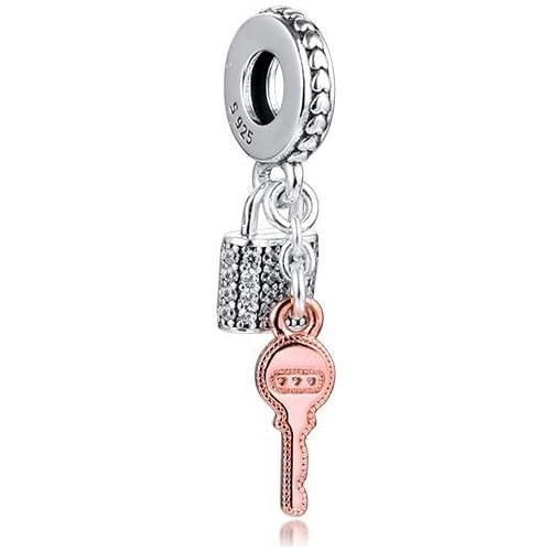 Pave CZ Padlock & Key Dangle DIY Beads for Silver 925 Bracelets & Bangles Rose Golden Jewelry Crystal Beads for Jewelry Making