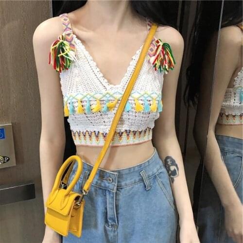 New Sexy Boho Crop Tops Women 2021 Crochet Boho Beach Camisoles Bralette Halter Cami Knitted Backless Beachwear Tank Top AA5747