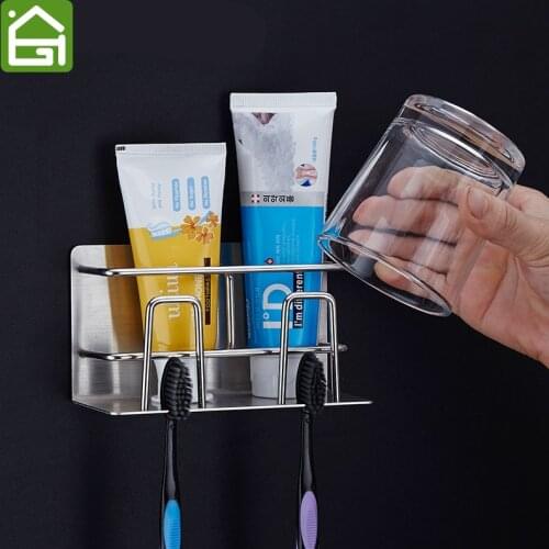 Stainless Steel Toothbrush Holder Wall Mounted Stick Bathroom Toothbrush Storage Toothbrush and Toothpaste Shelf