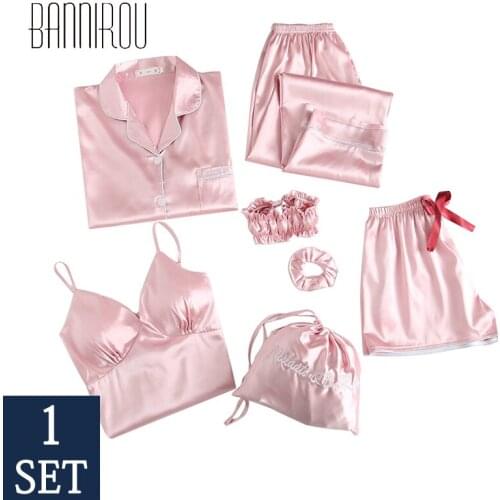 BANNIROU Sleepwear For Women Pyjama Set Womens Pajama Home Clothes Silk Female Pyjamas 7 Pcs Pajama For Woman Set Free Shipping