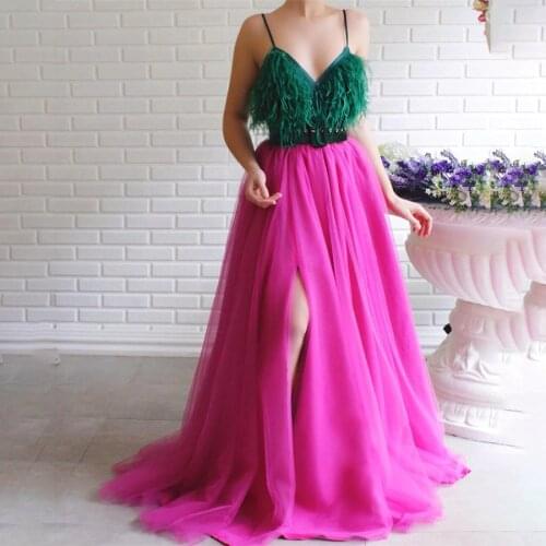 Spaghetti Straps Green and Rose Front Slit A-line Prom Dress Two Stones Sexy Feather Evening Dress vestidos formatura