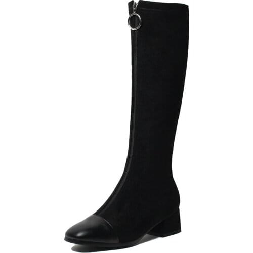 Square Toe PU Stitching Flock Metal Round Buckle Zipper Knee-Length Boots Leather Short Plush Short Plush Winter Warm Long Shoe