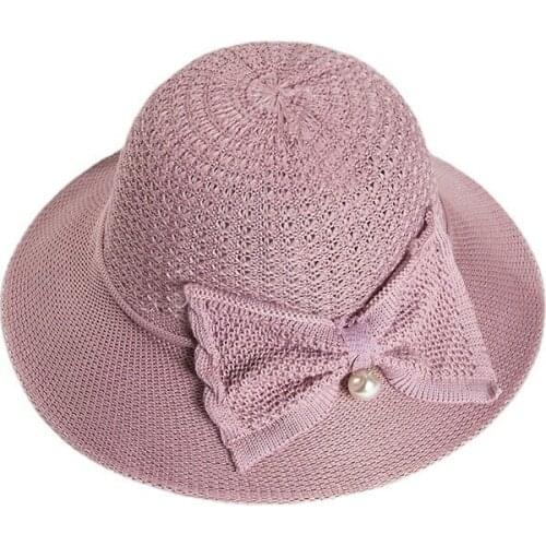Women Imitation Raffia Bow Pearl Breathable Refreshing Cap Female Summer Travel Wide Brim Sunscreen Foldable Straw Sun Hat R61