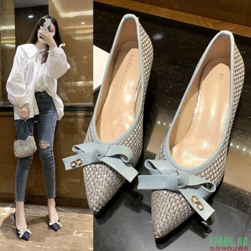 5cm Women Pumps Woven Pointed Toe Dress Shoes 2020 New Fashion Ladies Designer Shoes Bowtie Boat Shoes Plus Size 41 42 43 8634C