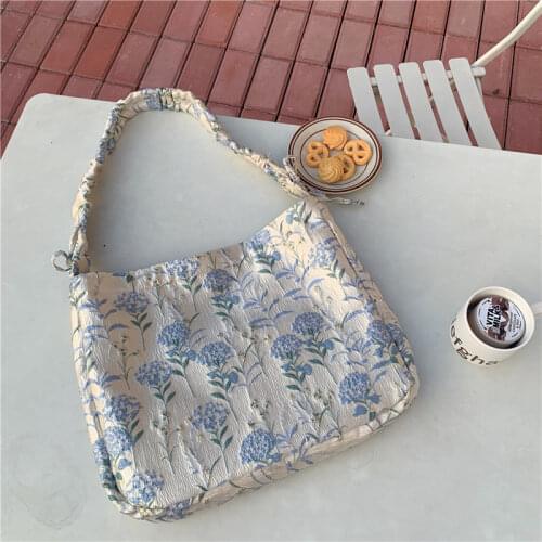 Retro Design Womens Shoulder Bags Vintage Blue Flower Ladies Tote Vest Bag Female Girls Hand Carrying Handbags Underarm Bag
