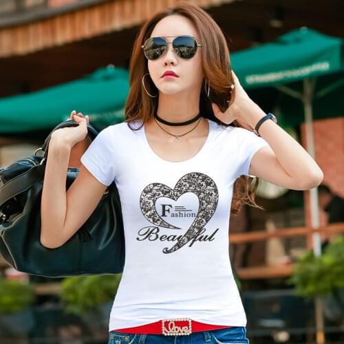 2019 New Style Fashion Short Sleeve Woman T-Shirt Plus Size Women Clothing Diamonds Heart Casual Summer Tops Tee O-Neck