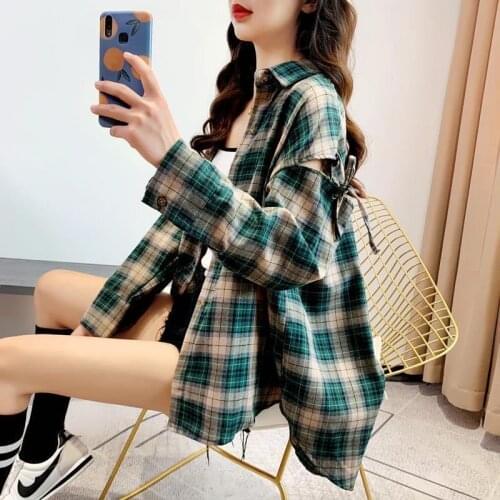 Plaid T-shirts 2021 Spring Autumn Korean Fashion Long Sleeve Single-breasted Turndown Collar Loose Off-shoulder Women Tops Y693