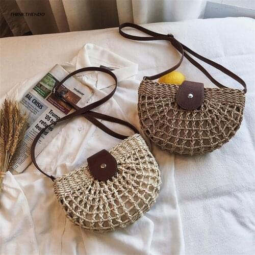 Women Woven Straw Crossbody Bag with Adjustable Faux Leather Strap Imitation Rattan Semicircle Clutch Shoulder Handbag