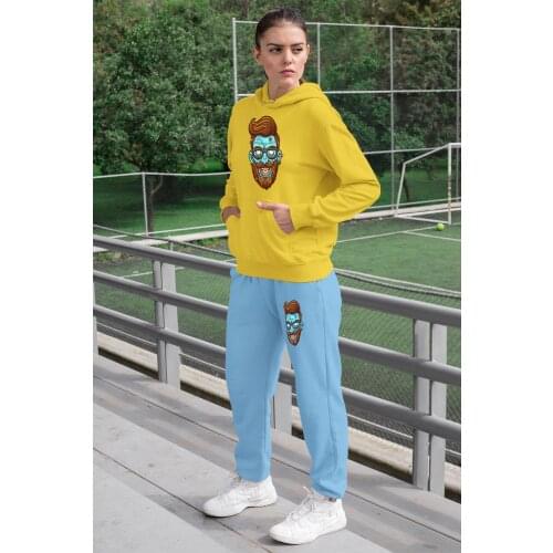 Angemiel Wear Entel Glasses Zombie Women Tracksuit Set Yellow Hooded Sweatshirt Blue Sweatpants