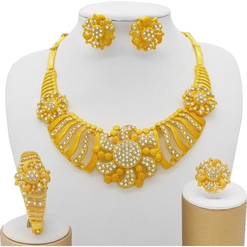 24K Gold Color Jewelry Sets For Women Bridal Luxury Necklace Earrings Bracelet Ring Set Indian African Wedding Ornament Gifts