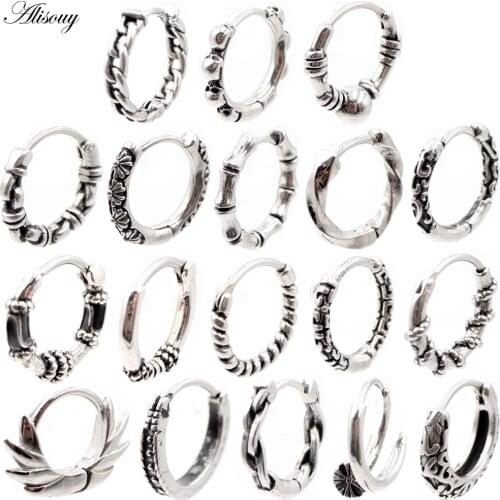 Alisouy 1pc Punk Gothic Twist Leaf Bone Stainless Steel Simple Round Circle Hoop Earrings Rock Roll Mens Women Hip Hop Jewelry