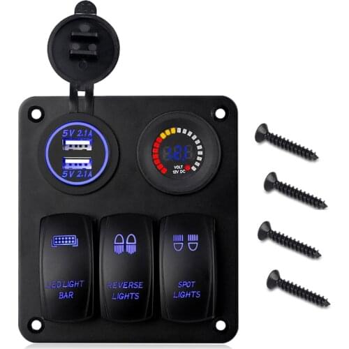 3 Gang Marine Ignition Toggle Rocker Switch Panel 12V LED Colorful Voltmeter 4.2A Dual USB Charger Socket Adapter For Car Boat