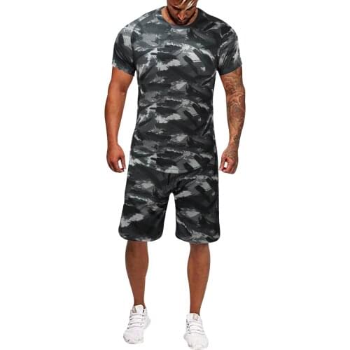60# New Summer Men Set Fitness Suit Sporting Suits Short Sleeve T Shirt + Shorts Quick Drying 2 Piece Camouflage Casual Suit