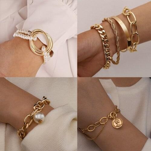 Bohemian Gold Bracelets for Women Boho Jewelry Geometric Portrait Beads Metal Layered Hand Chain Charm Bracelet Set 2021 New