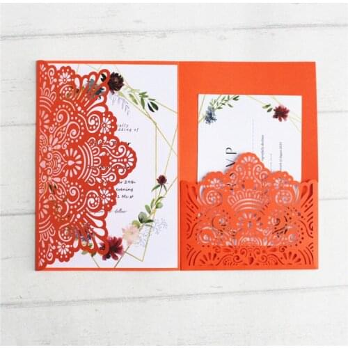 Rural wedding invitations pocketfolds orange white purple flower laser cutting 50pcs offer customized printing