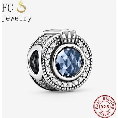 FC Jewelry Fit Original Brand Charm Bracelet 925 Silver Crown Faceted Blue Zirconia Stone Bead For Making Women Berloque 2020
