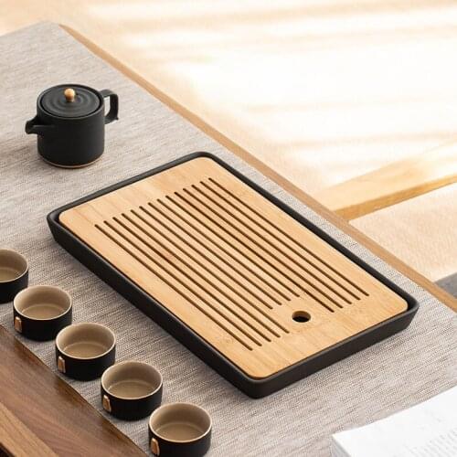 Ceramic Bamboo Tea Tray Water Storage Eco Friendly Chinese Dry Bubble Tea Tray Drain Kung Fu Tea Set Bandeja Madera Teaware 50