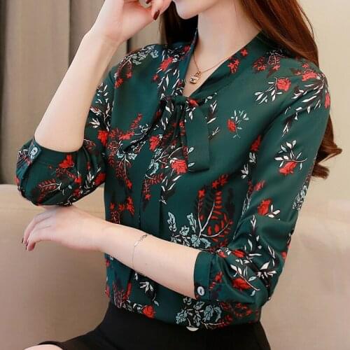 Fashion Woman Blouses 2021 Print Chiffon Blouse Shirt Bow V Collar Office Work Wear Blouse Long Sleeve Women Shirts Blusas A809