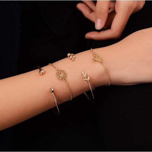 Fashion Leaf Round Zircon bracelet set For Women Bohemian Gold Color Bangles Jewelry Party Gifts 4 pieces/set