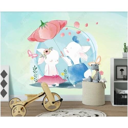Custom mural 3d photo wallpaper Hand drawn cartoon rabbit umbrella butterfly childrens room home decor wallpaper for walls 3 d