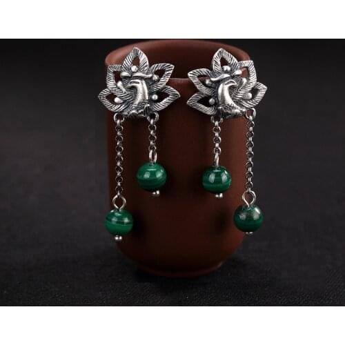 Real S990 Thai Silver Women Vintage Peacock Earrings Natural Malachite Balls Brincos Handmade Hollow Ethnic Fine Jewelry Gifts