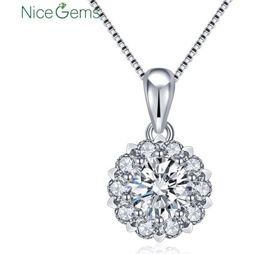 NiceGems Solid 18K White Gold Center 6.5mm 1ct DF Color Round Brilliant Moissanite Pendent Necklace18 Inch Chain for Women gift