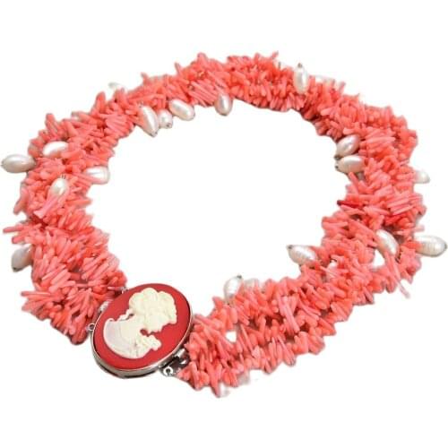GG Jewelry 18" 5 Rows White Pearl Pink Coral Necklace