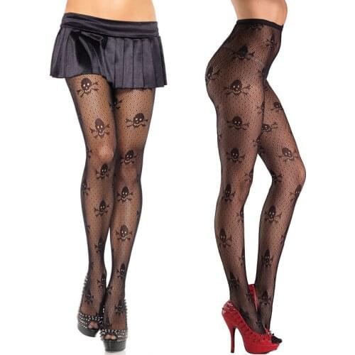 Sexy Stay Up Thigh High Tights Fishnet Mesh Skull Print Punk Stretch Pantyhose For Women Accessories For Ladies Gift