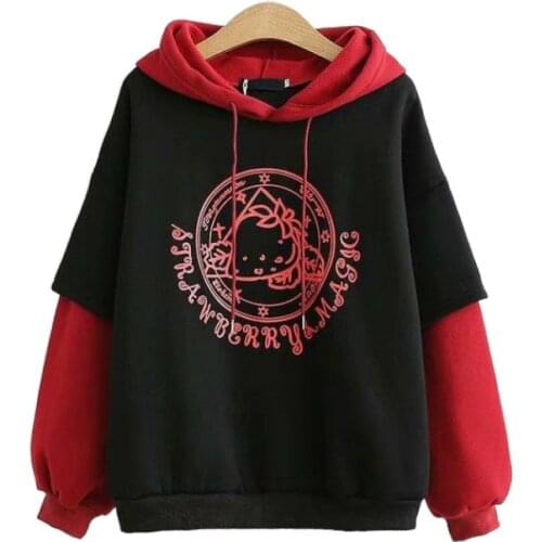 Fleece Womens Pullover Cartoon Printed Hooded Sweatshirt 2020 Winter Harajuku Long Sleeve Patch Work Pullover Oversized Warm Top