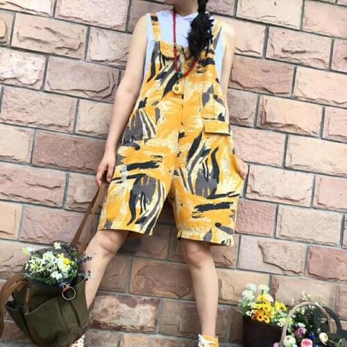 QPFJQD Female Summer Playsuit Pocket Streetwear Printed Short Jeans Loose WomenS Playsuit Straps Shorts Flanging Denim Overalls