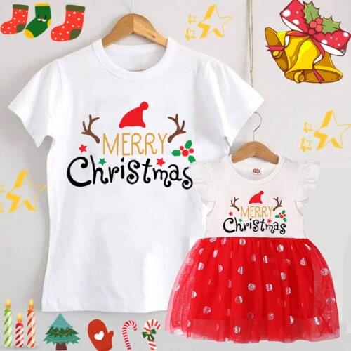 Merry Christmas Family Matching Clothes Fashion Mommy and Me Top Baby Girl Dress Mom T Shirt Mother Daughter Christmas Clothing