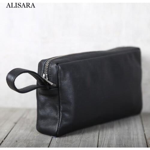 Alisara Clutch Bag Male First Layer Cow Leather Top End Mini Hand Bags Men Casual Cell Phone Wallet Big Capacity Organizer Purse