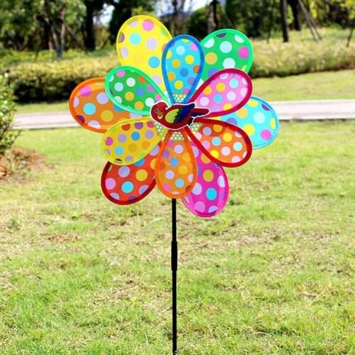 Wind Spinner Decorative Two Layers Six Leaves Dot Printed Sunflower Windmill for Kids