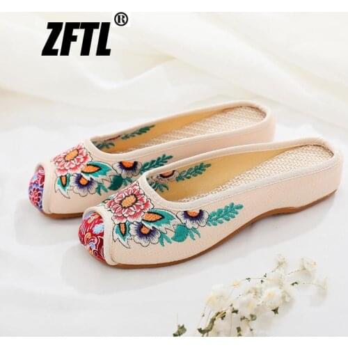 ZFTL Chinese traditional cloth shoes women embroidered ethnic sandals slippers home slippers Internal increase female handmade