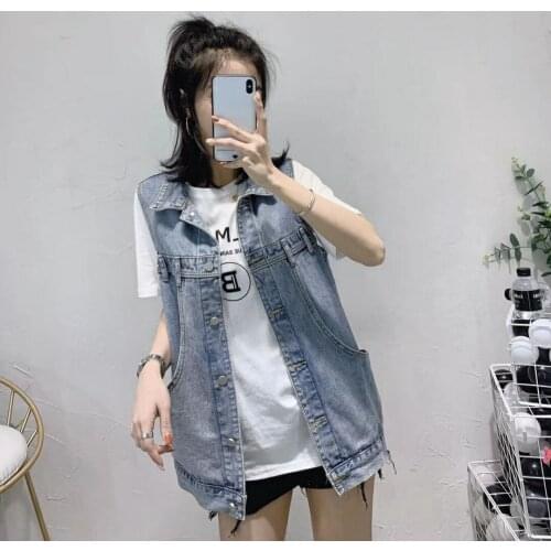 Spring and Summer Denim Womens Loose-Fitting Sleeveless Shirt Coat