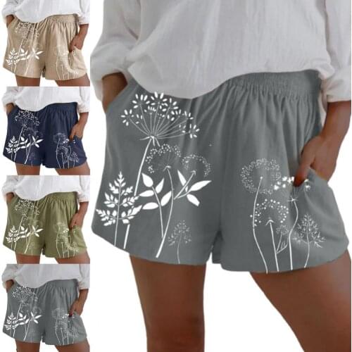 Fashion Women High Waist Dandelion Print Elastic Waist PocketsA bove Knee Loose Shorts Bottoms Breathable to wear for Summer