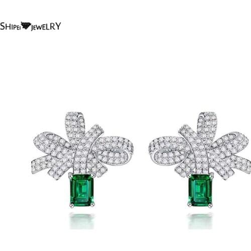 Shipei Luxury 100% 925 Sterling Silver Emerald Created Moissanite Gemstone Wedding Party Bowknot Ear Studs Earrings Fine Jewelry