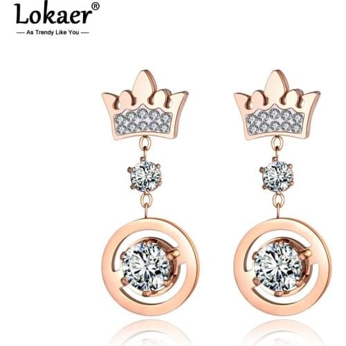 Lokaer Classic Stainless Steel Rose Gold Cubic Zirconia Crown Stud Earrings Sparkling Wedding Earrings Jewelry For Women E19092