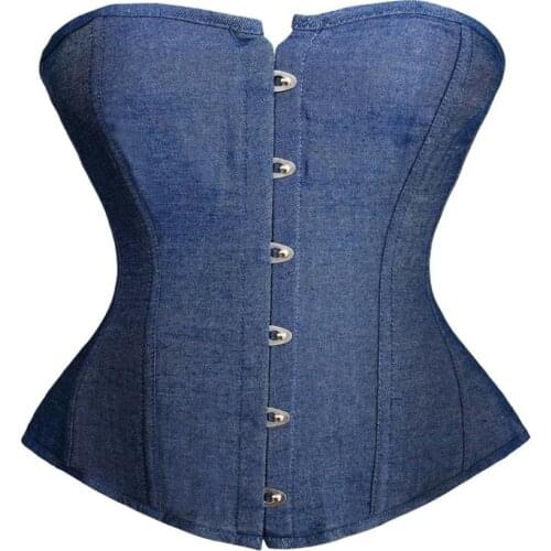 Women Gothic Blue Denim Overbust Corset Sexy Simple Body shaping Tops S-6XL
