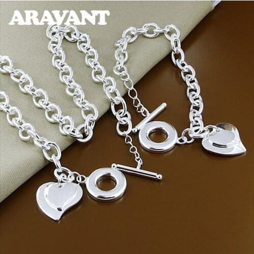 925 Silver Bridal Jewelry Sets Double Heart Necklace Bracelets Chain For Women Fashion Wedding Jewelry