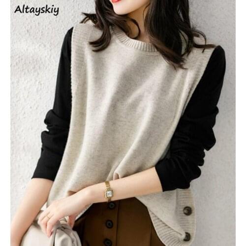 O-neck Sweater Vests Women Elegant Loose Plus Size 3XL Knitted Sweaters Side-button All-match Stylish Popular Solid Cozy Ulzzang