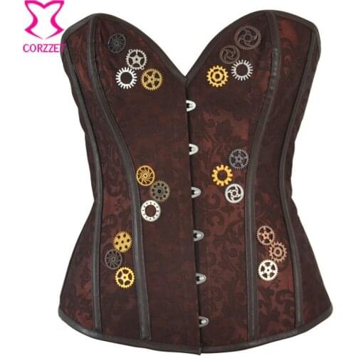 Women Steampunk Bustier Corset Top Brown Jacquard With Gear Overbust Sexy Burlesque Steel Boned Corsets Gothique Gothic Clothing