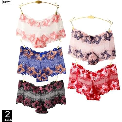 2 Pcs Sexy Half-pack Hip Women Boyshorts Panties Floral Lace Ladies Translucent Mesh Boxer Shorts Plus Size M-4XL