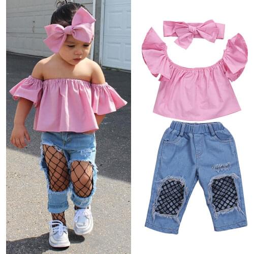 2021 New Fashion Toddler Kids Girl Clothes Summer Off shoulder Pink T-shirt Tops+Hole Net Jean Denim Pant Headband 3PCS Outfits