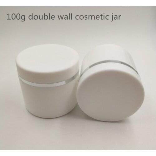 25pcs/lot 100ml Plastic PP white doule wall cream container with screw cap and sliver rim for Skin Care, face cream