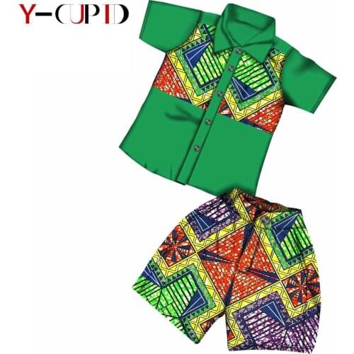 African Clothes for Kids Cotton Boys Wax Print Outfits Bazin Riche Children Top Shirts and Short Pants 2 Pieces Sets YS184002