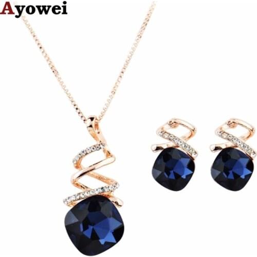 Ayowei Vintage Blue Color Crystal Zircon Rose Gold Set Spring Carnival Pendant Necklace Earrings Charm Memorial Gift JS821A