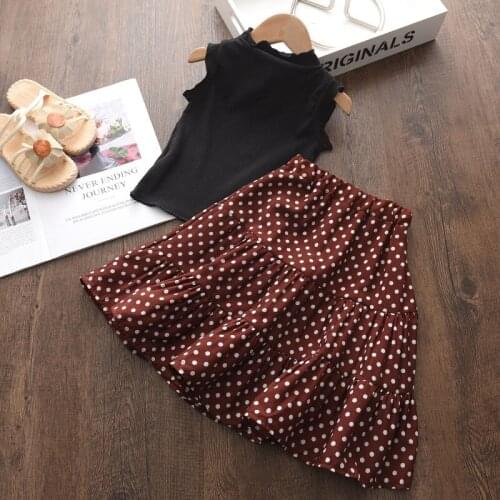 Girls Casual Clothing Suits New Summer Kids Black Tank Tops And Polka Dot Skirt Outfits Children Casual Clothes For 3-7 Years